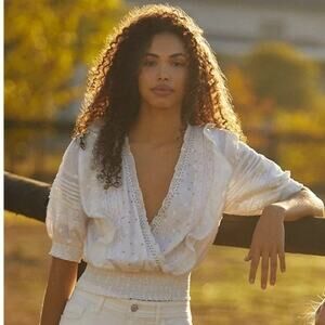 Anthropologie Duet Ginevra Ruffled Embroidered Blouse Size XL